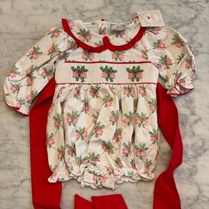 Smocked Holly Print Baby One-Piece with Red Trim